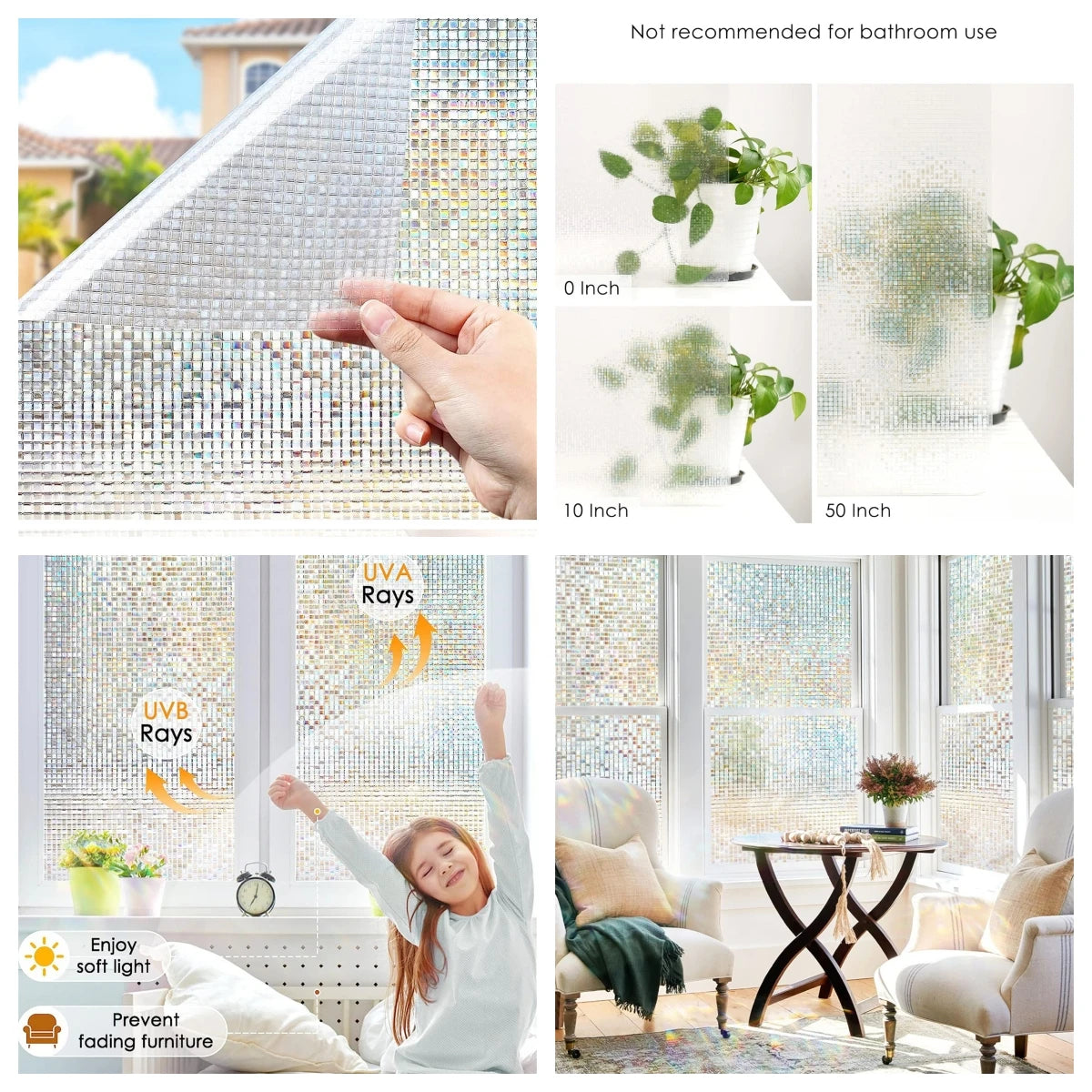 Wide 75/90 Cm Frosted Window Privacy Film, Non-Adhesive Window Glass Films, Heat Control Static Cling Removable Window Stickers