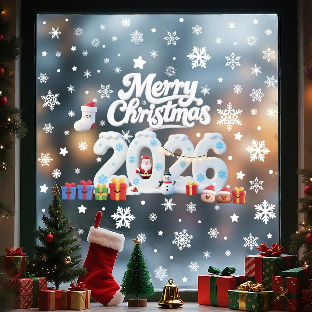 Christmas Window Stickers Blue Snowman Santa Decorative Films Reusable Snowflake Elk Ornaments Merry 2025 Happy New Year 2026