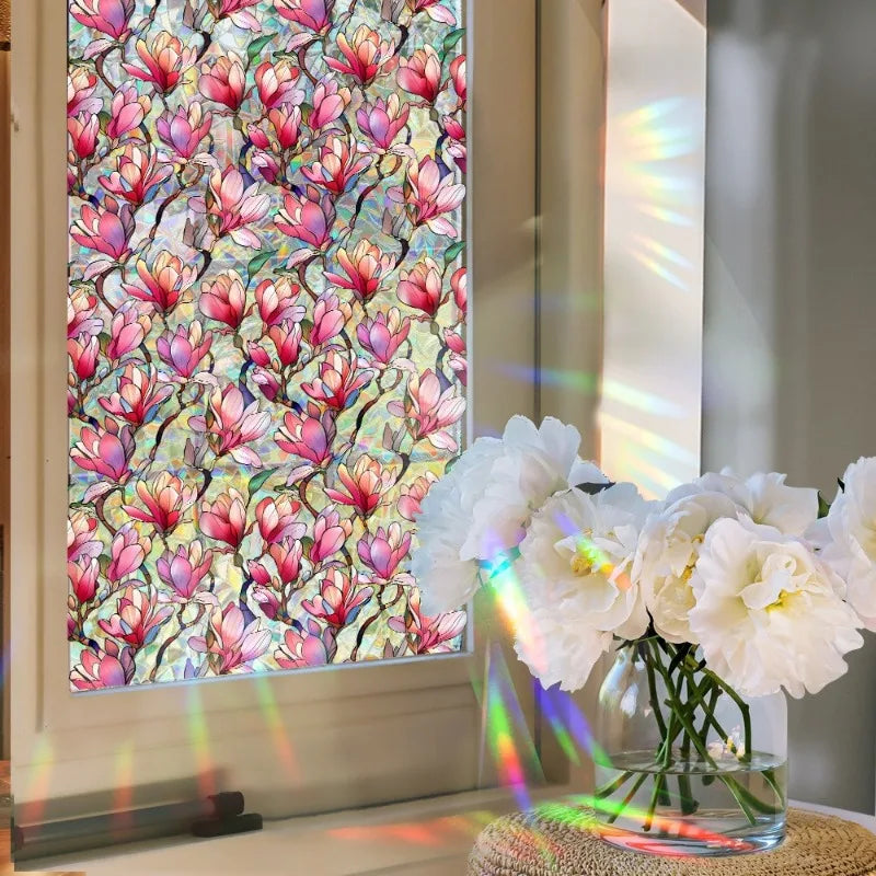 Sun Catcher Static Glass Stickers Non-Adhesive Window Sticker Decorative Privacy Flower Decal Painted Glass Rainbow Film Decors