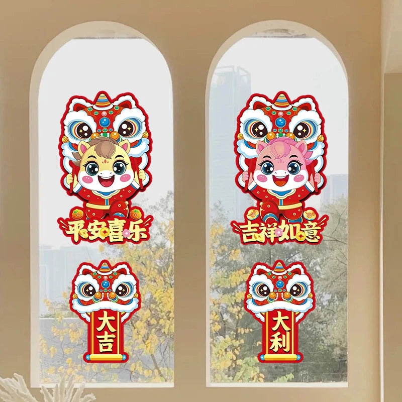 1Pair Horse Year Wall Stickers Cartoon Zodiac Horse Door Window Decorative Stickers Spring Festival Couplet Home Supplies