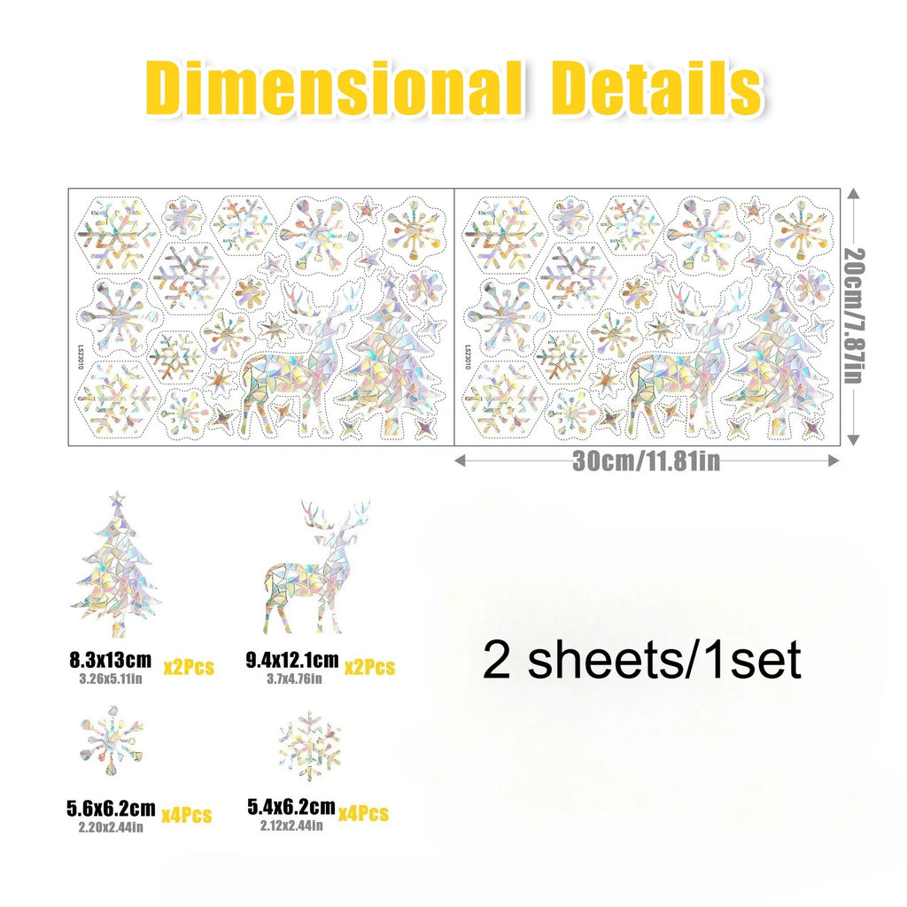 2sheets Christmas Window Clings,Clear Window Decals for Bird Deterrent,Snowflake Sticker,Winter Snowflake Decor, Rainbow Decals