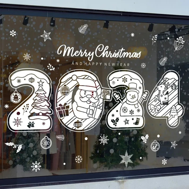 1Set Santa Claus Snowman Elk Window Stickers Snowflake Electrostatic Wall Sticker 2024 Christmas Decoration For Home New Year