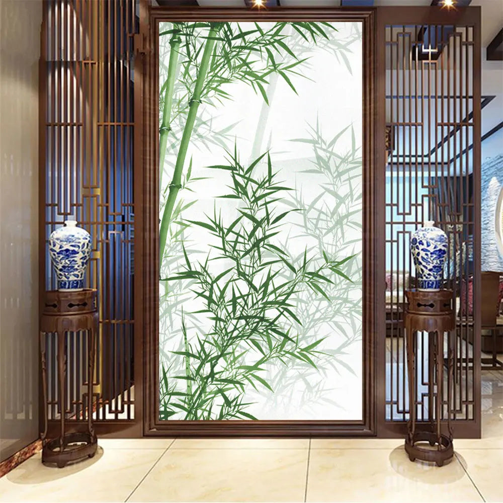 Privacy Glass Window Film Bamboo Pattern Frosted Glass Door Film Sun Blocking Glue-Free Static Adhesive Glass Window Stickers