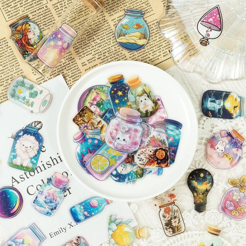 50PCS Transparent PET Bottle Seies Stickers Waterproof Doodle Decals for Home Window Glass DIY Wall Background Stickers