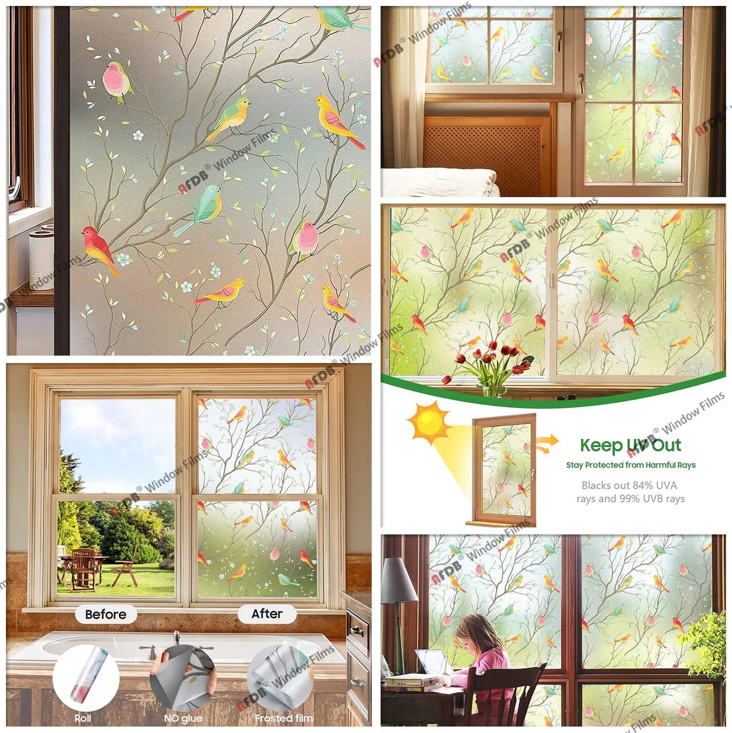Window Privacy Film Rainbow 3D Decorative Glass Vinyl Stained Glass Decals Static Cling Window Sticker Non-Adhesive Films
