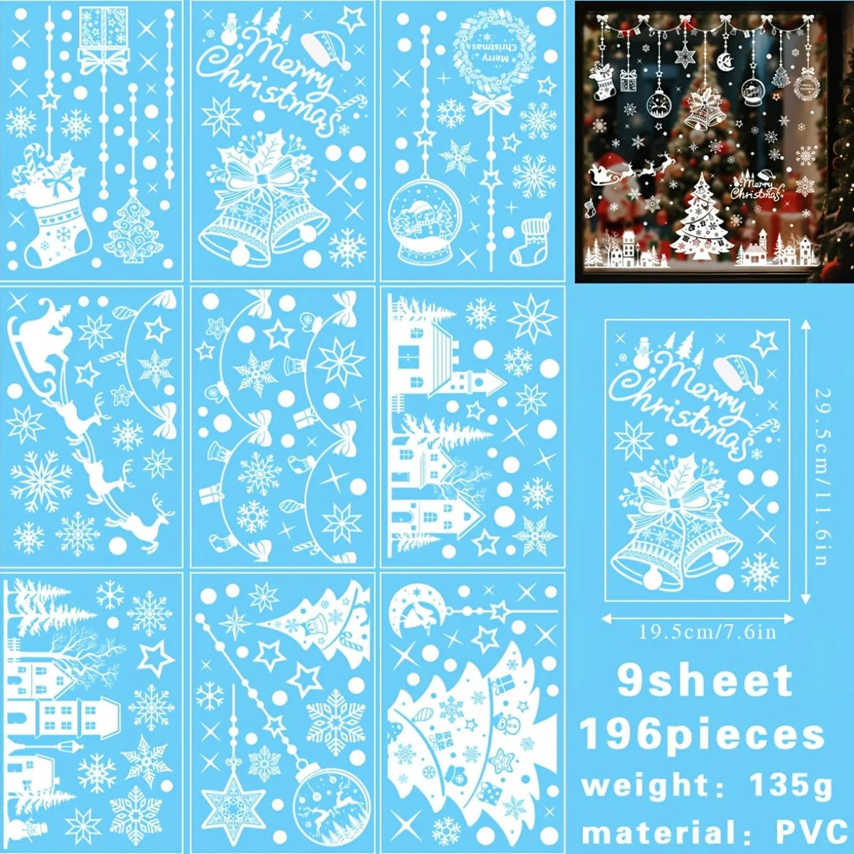 9 sheets Christmas Static Window Stickers, Seamless and Easy to - Snowflake Theme "Merry Christmas" Letters - Christmas Tree