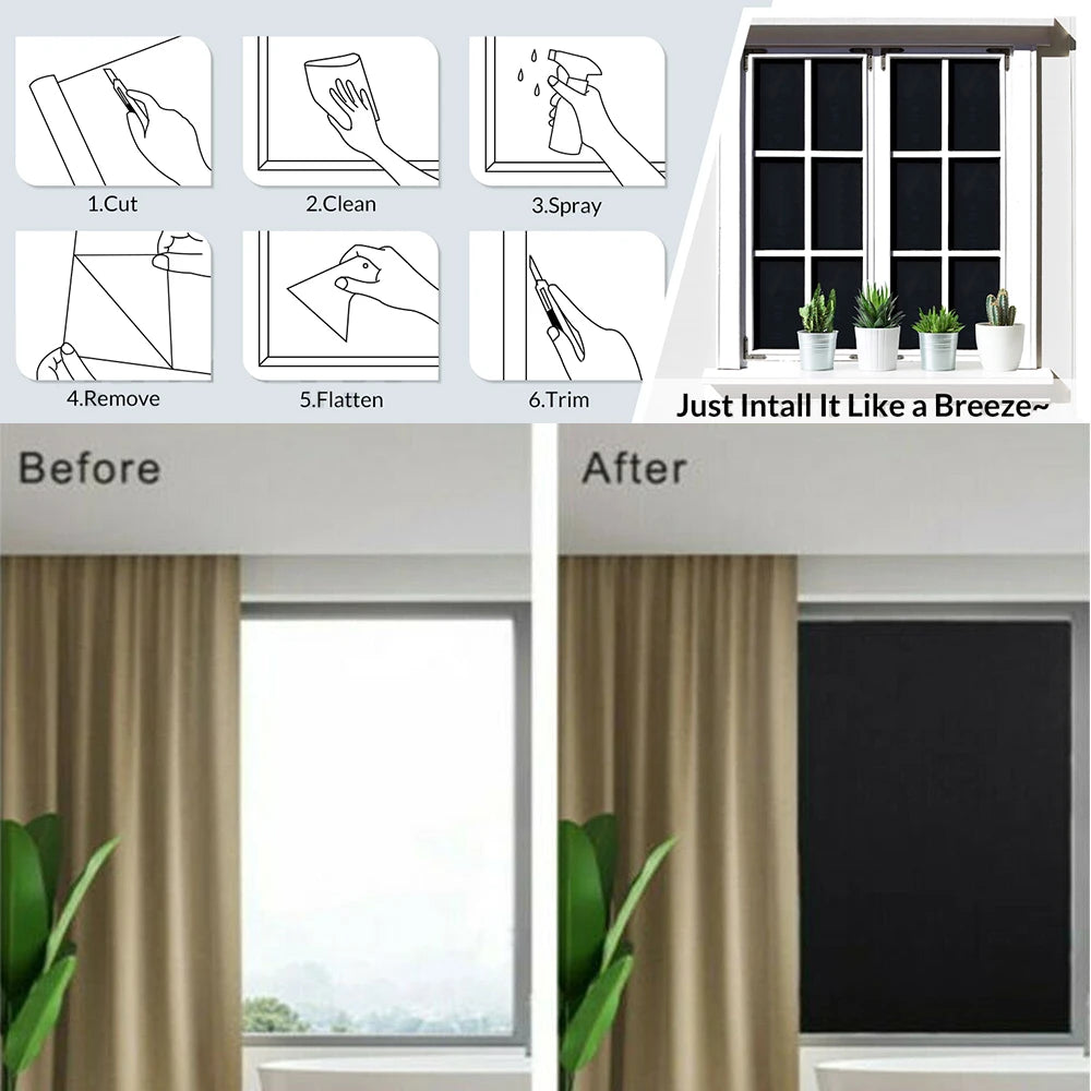 76/90cm Blackout Window Film Privacy: 100% Total Light Blocking Self-Adhesive Black Window Film for Glass Window for Baby Nurser