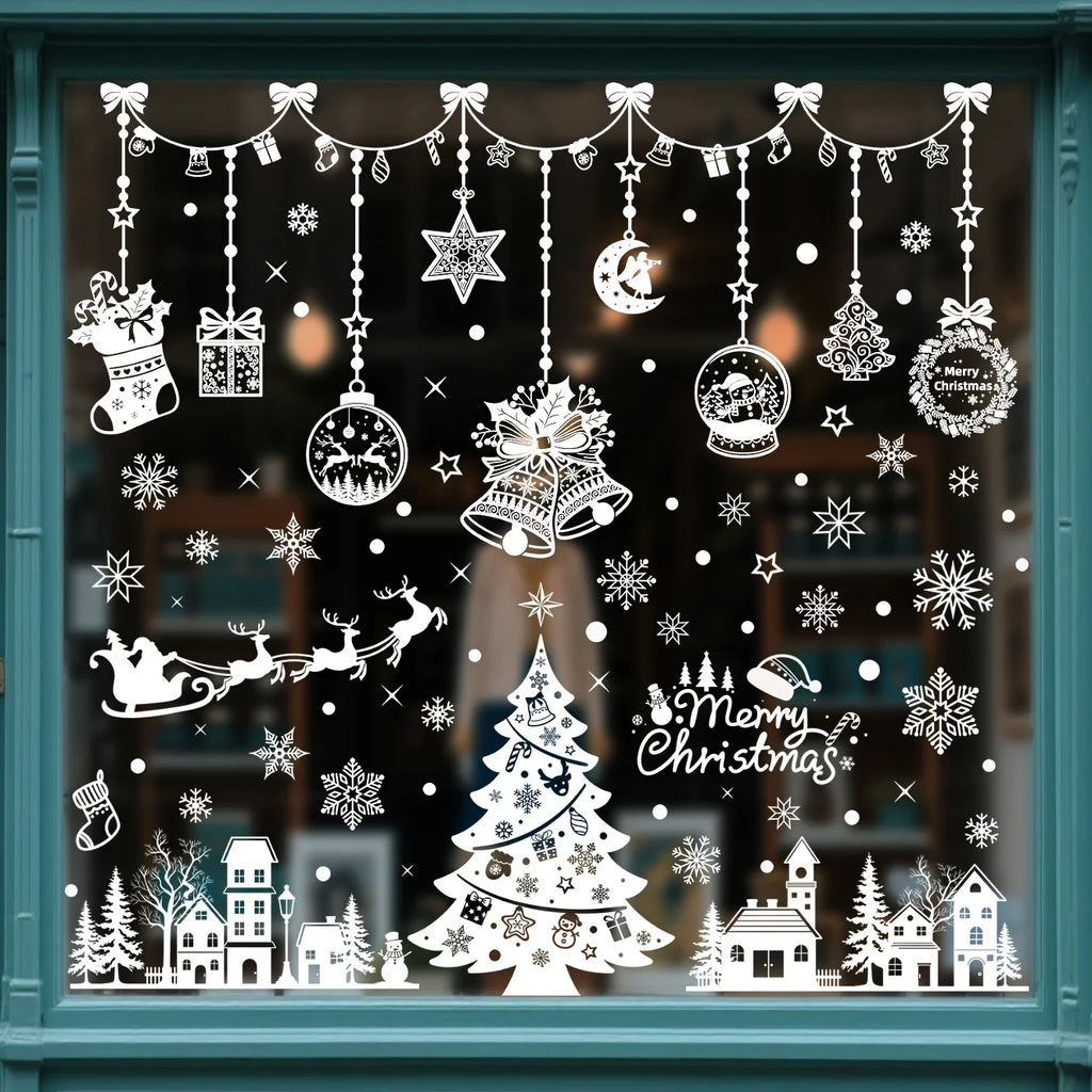 9 sheets Christmas Static Window Stickers, Seamless and Easy to - Snowflake Theme "Merry Christmas" Letters - Christmas Tree
