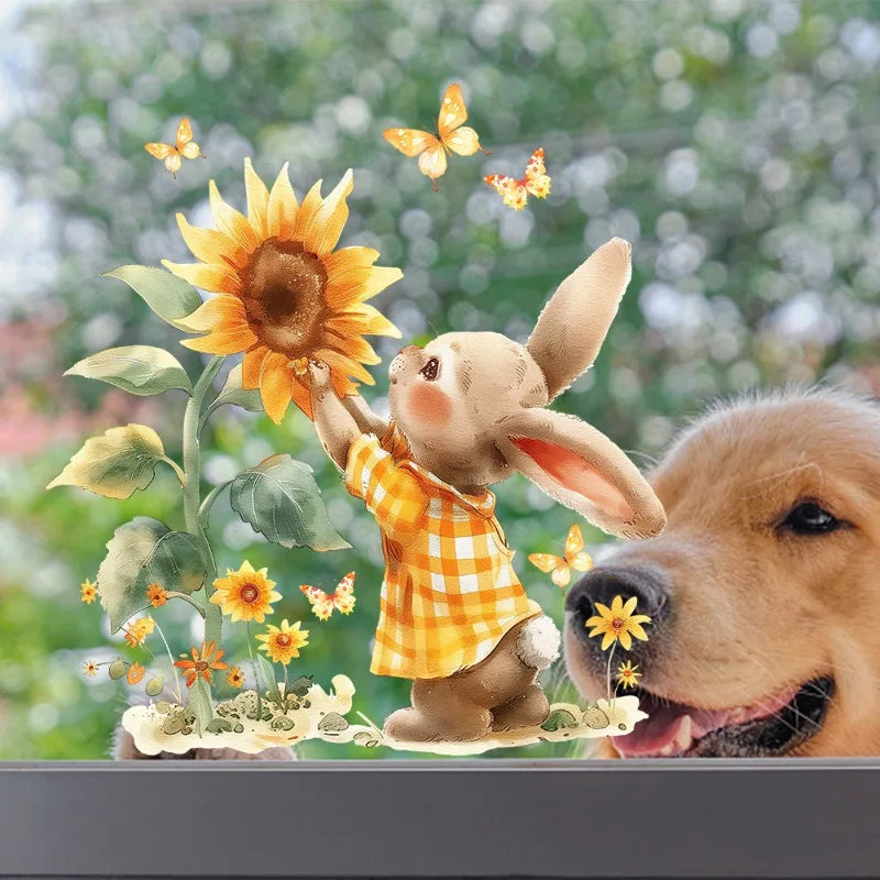 Watercolor Sunflower Rabbit Wall Stickers for Home Bedroom Living Room Glass Window Decor Wall Background Art Stickers