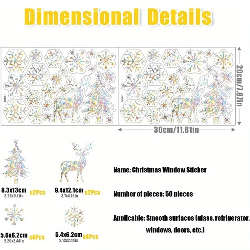 2sheets Christmas Window Clings,Clear Window Decals for Bird Deterrent,Snowflake Sticker,Winter Snowflake Decor, Rainbow Decals