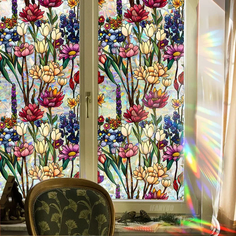 Sun Catcher Static Glass Stickers Non-Adhesive Window Sticker Decorative Privacy Flower Decal Painted Glass Rainbow Film Decors