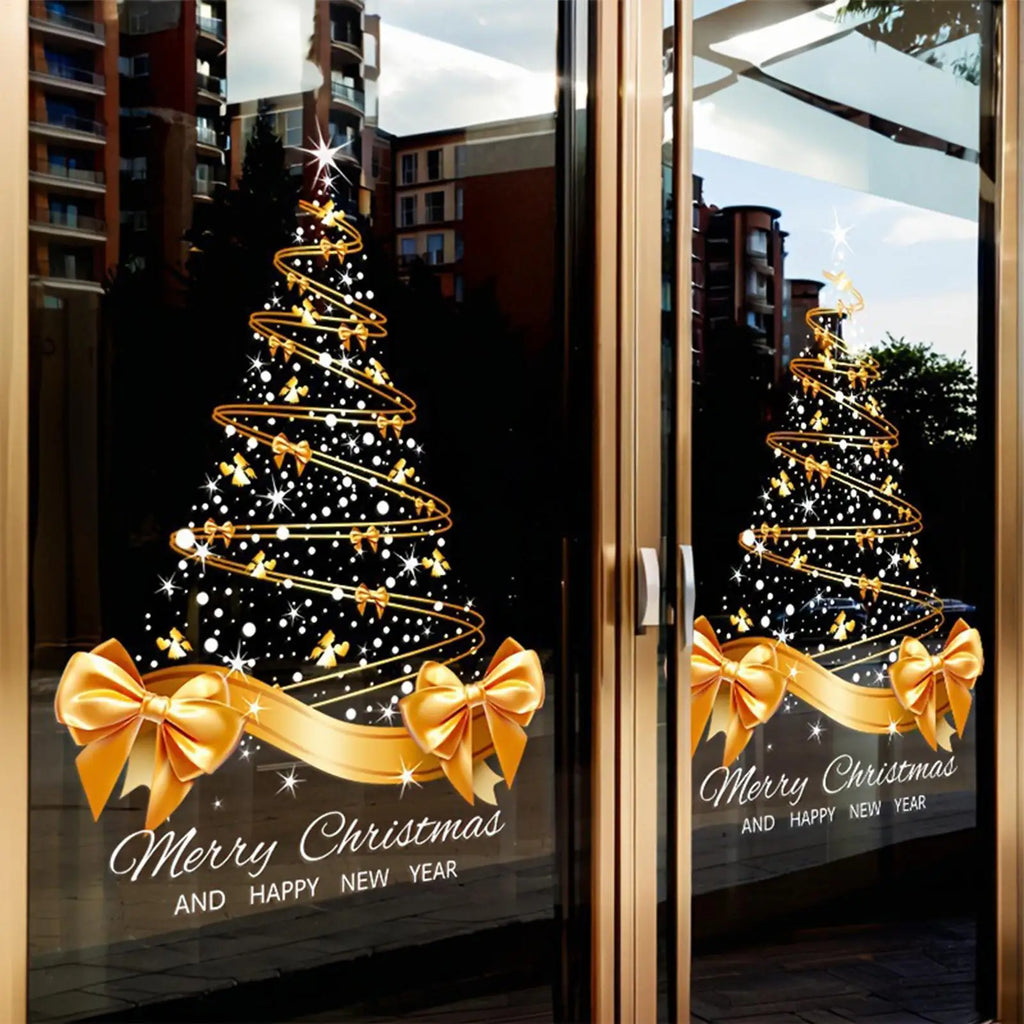 Christmas Window Decals 25.59x17.72 Inch Decal Pvc Double-Sided Golden Christmas Tree Window Sticker for Home Window Wall Decor