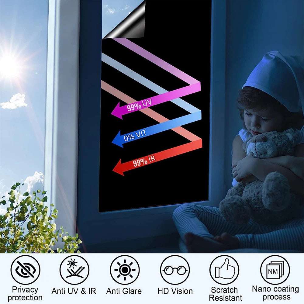 76/90cm Blackout Window Film Privacy: 100% Total Light Blocking Self-Adhesive Black Window Film for Glass Window for Baby Nurser