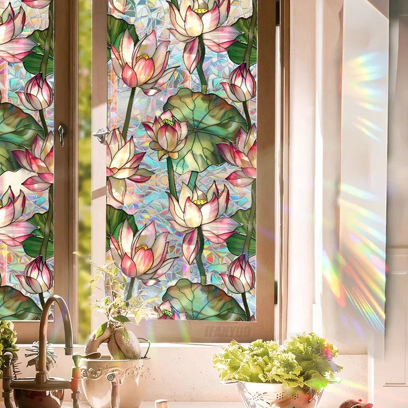 Sun Catcher Static Glass Stickers Non-Adhesive Window Sticker Decorative Privacy Flower Decal Painted Glass Rainbow Film Decors