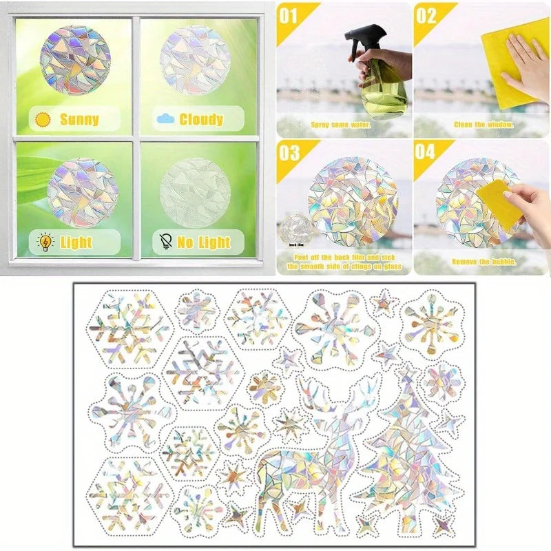 2sheets Christmas Window Clings,Clear Window Decals for Bird Deterrent,Snowflake Sticker,Winter Snowflake Decor, Rainbow Decals