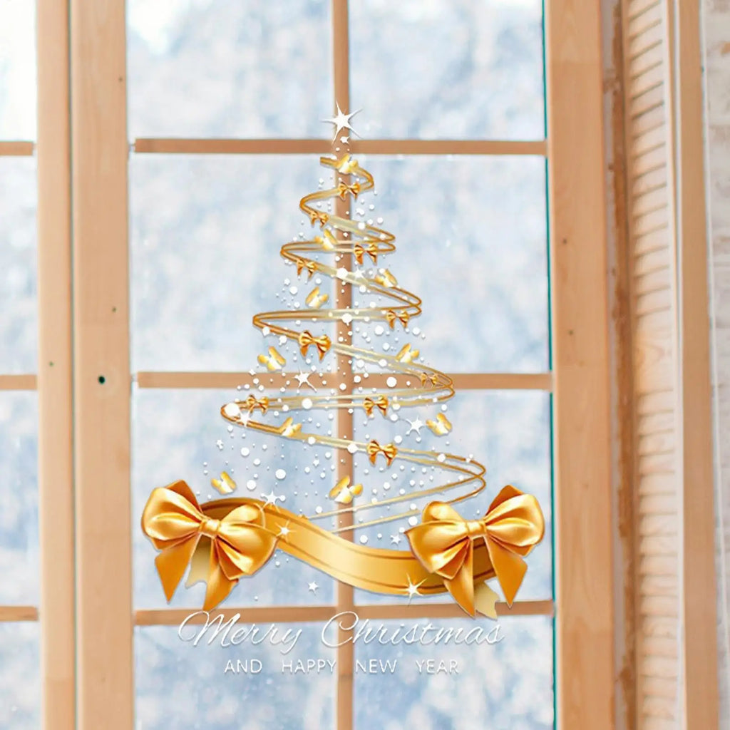 Christmas Window Decals 25.59x17.72 Inch Decal Pvc Double-Sided Golden Christmas Tree Window Sticker for Home Window Wall Decor