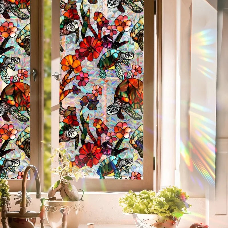 Sun Catcher Static Glass Stickers Non-Adhesive Window Sticker Decorative Privacy Flower Decal Painted Glass Rainbow Film Decors