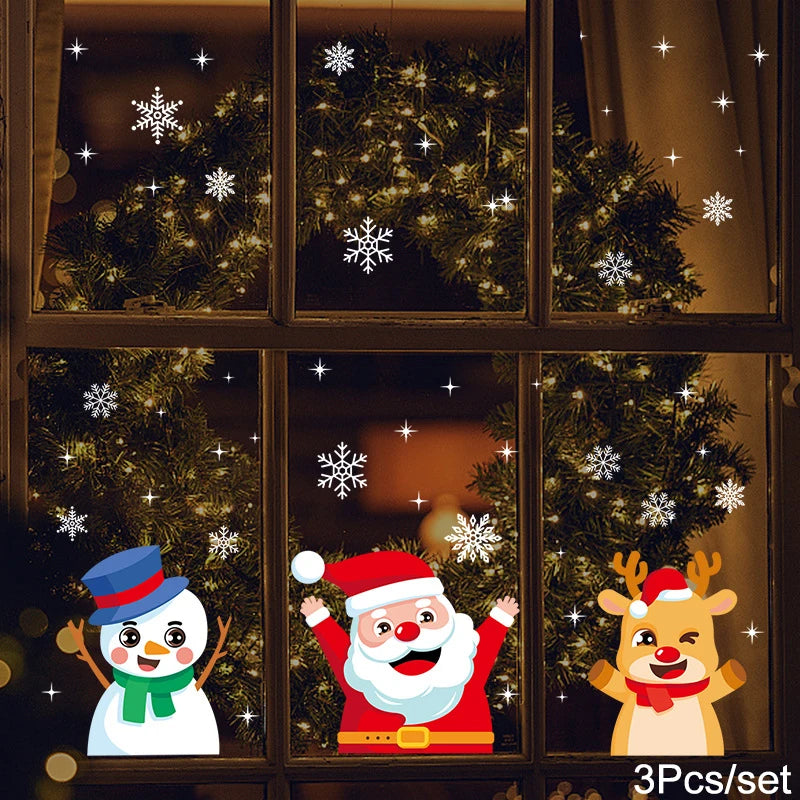 1Set Santa Claus Snowman Elk Window Stickers Snowflake Electrostatic Wall Sticker 2024 Christmas Decoration For Home New Year