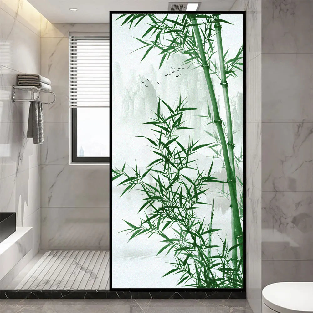 Privacy Glass Window Film Bamboo Pattern Frosted Glass Door Film Sun Blocking Glue-Free Static Adhesive Glass Window Stickers